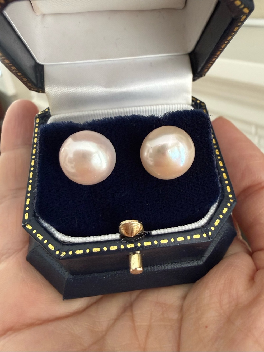 Solid 9K Gold Pearl Stud Earrings - Pink Cream Pearl Button Studs